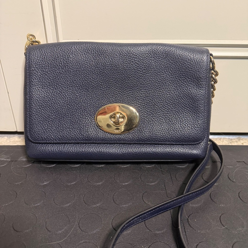 Coach Crosstown Crossbody Navy Blue Pebble Leather Bag Gold Turnlock Chain Strap